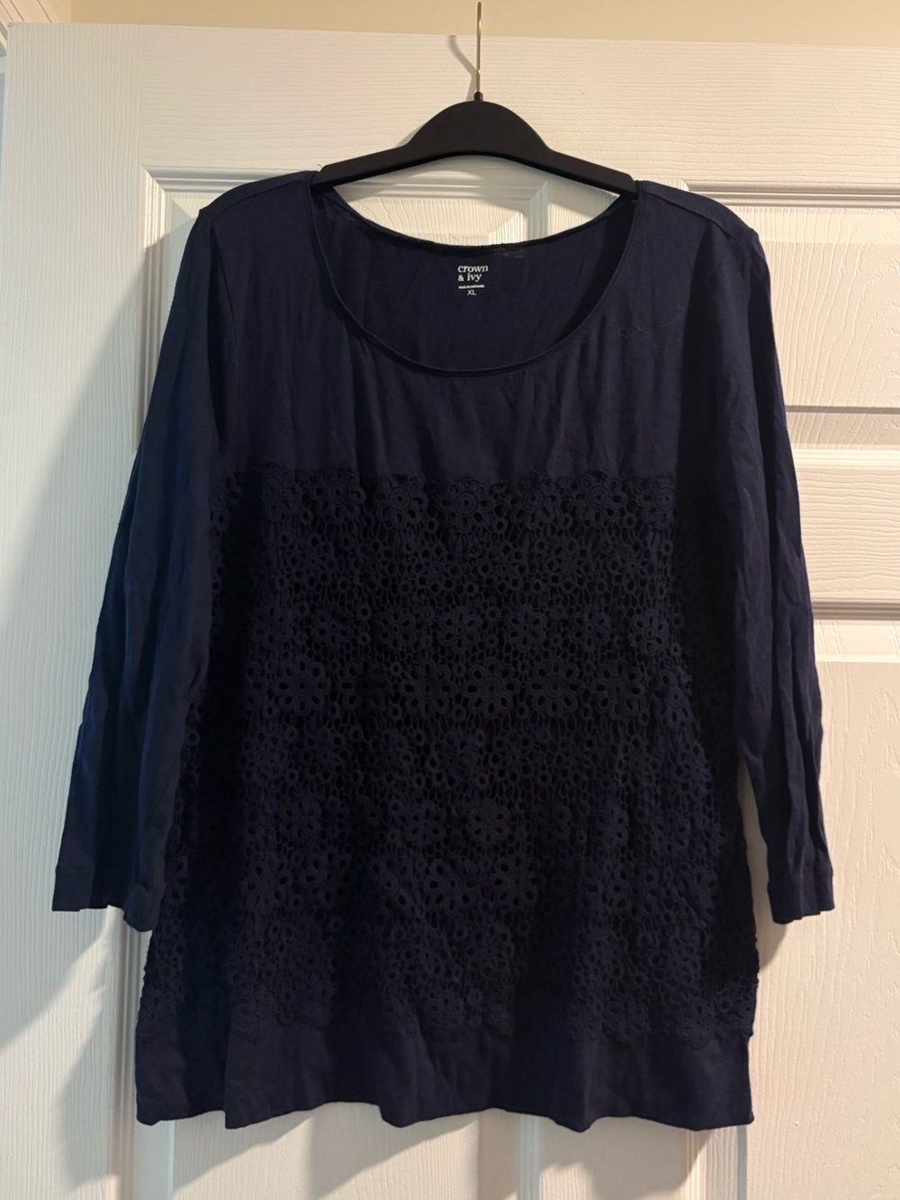 crown & ivy Navy Crochet-Front 3/4 Sleeve Tee